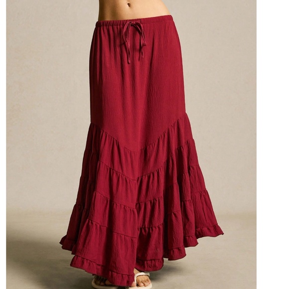 Boho Red Stretchy Drawstring Waist Ruffle hem Maxi Skirt - Picture 4 of 6